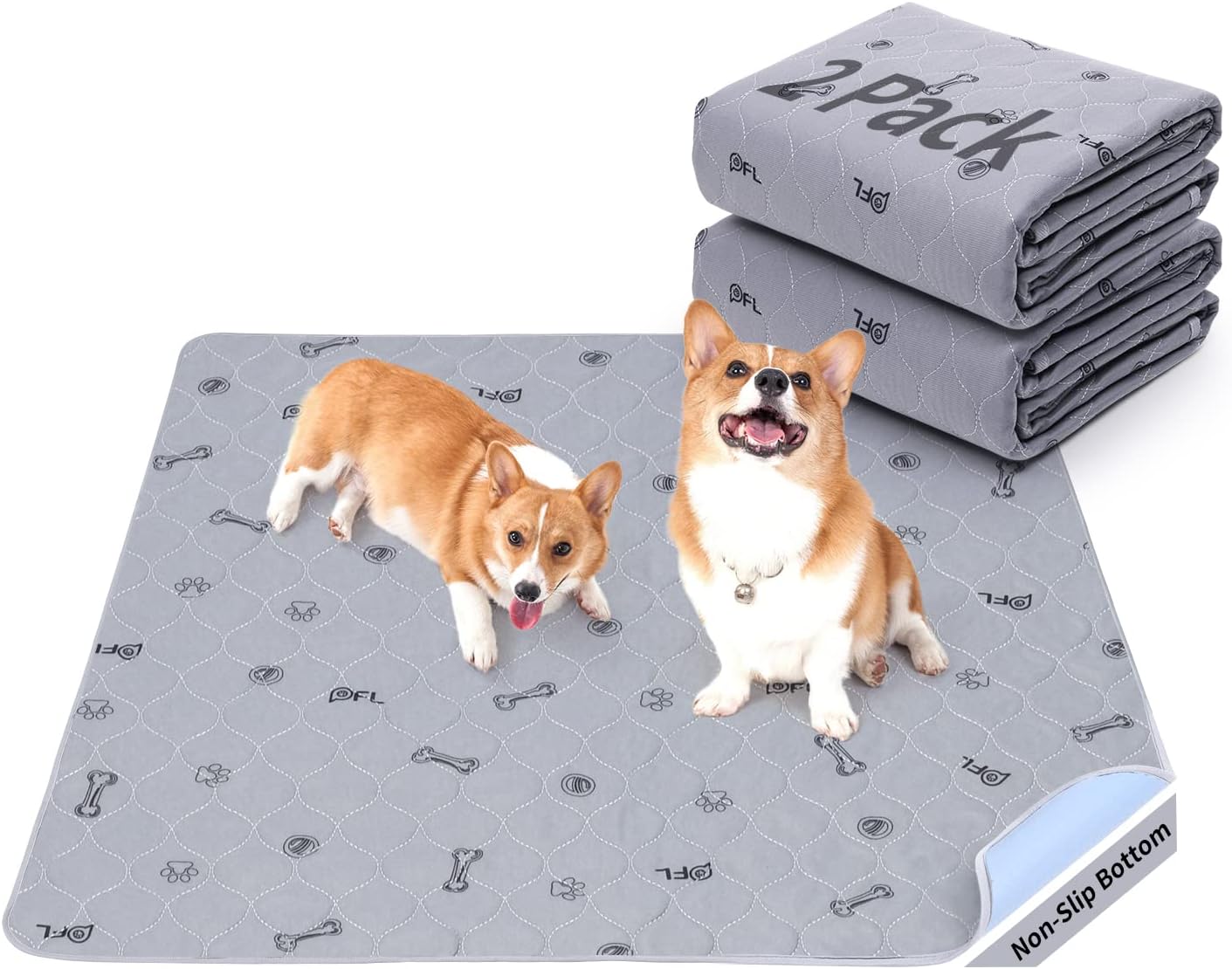 Washable Pee Pads for Dogs, 2Pack Puppy Pads Washable with Bone Print, Absorbent Reusable Whelping Pads Non-Slip Dog Mats for Floor Protector, Couch Cover, Crate, Potty Training 31x36