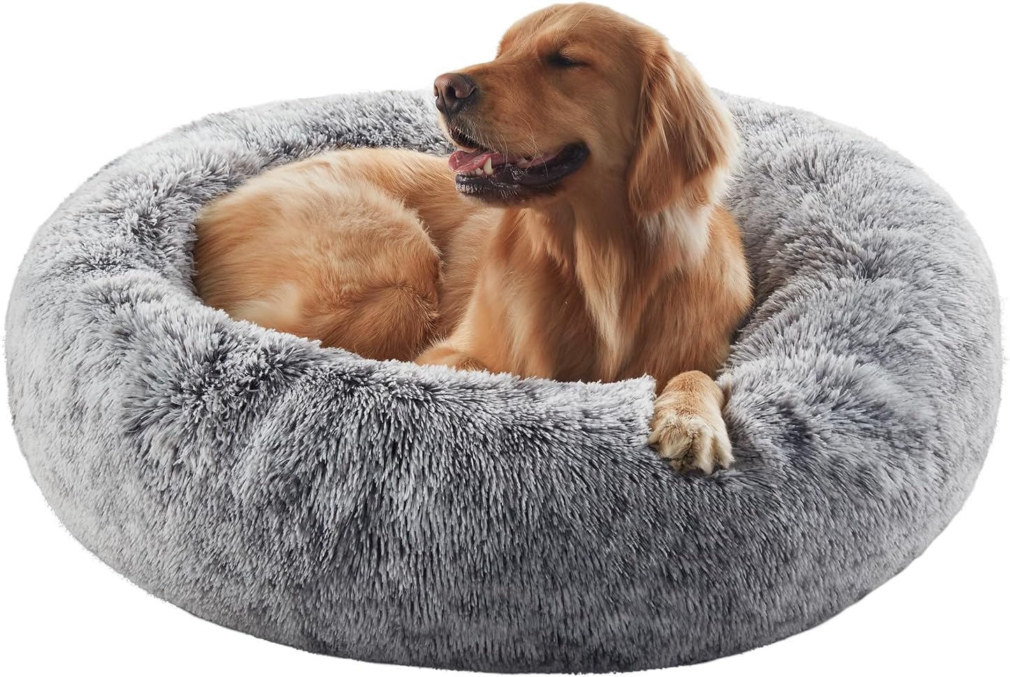 BedStill 36 inches Faux Fur Fluffy Donut Dog Bed for Large Dogs, Dark Grey