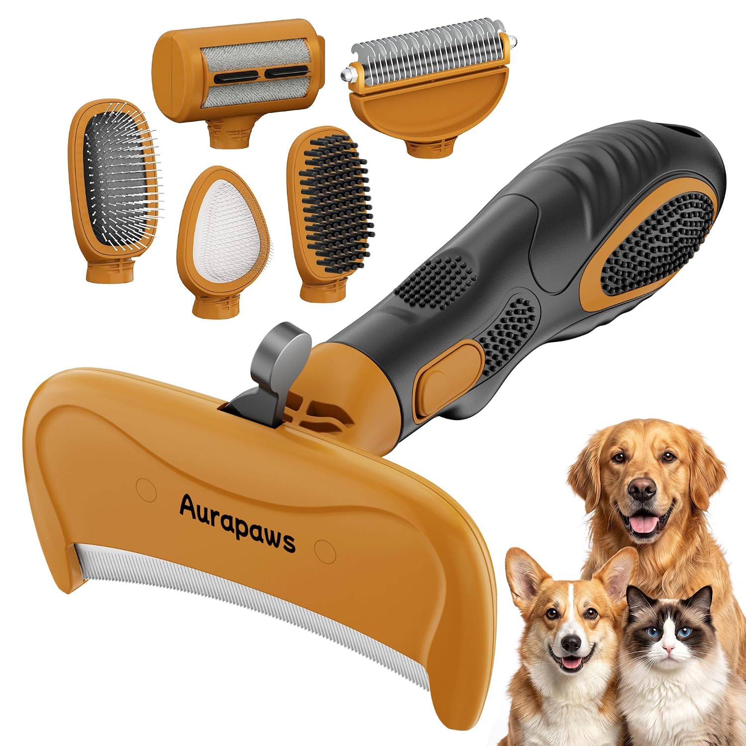 Aurapaws 6-in-1 deshedding dog brush with interchangeable heads