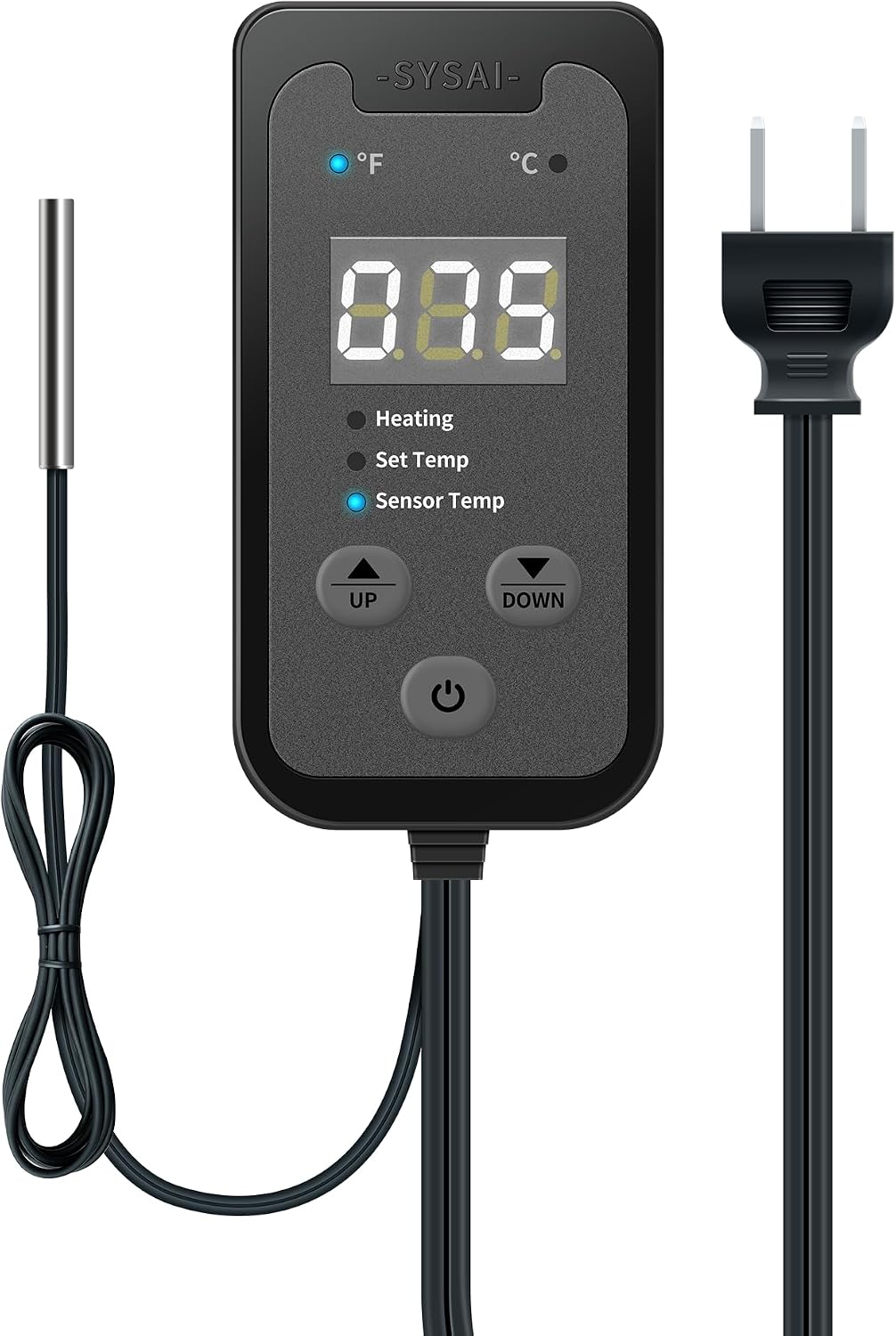 SYSAI 100W-1A Non-Dimmable Thermostat Controller with Probe, 60-94°F Digital Temperature Outlet for Reptile Heating Pad, Ceramic Heater, Brooder, Fermentation Belt & More, °F/°C Display