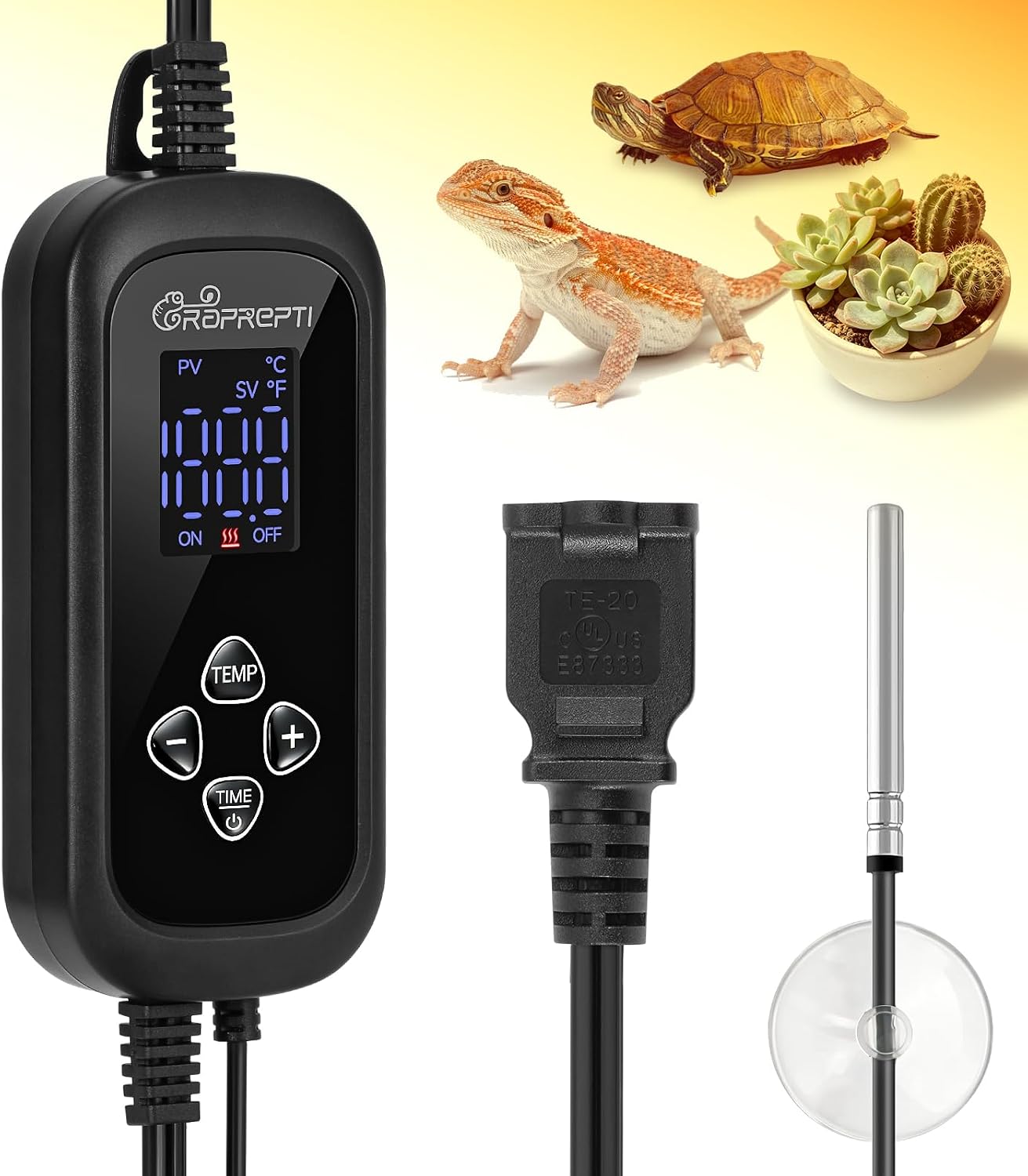 RAPREPTI PID Dimming Thermostat for Reptiles with 1-24H Timer Setting Temperature Controller with Memory Function for Heat Lamps, Basking Bulbs & Heaters